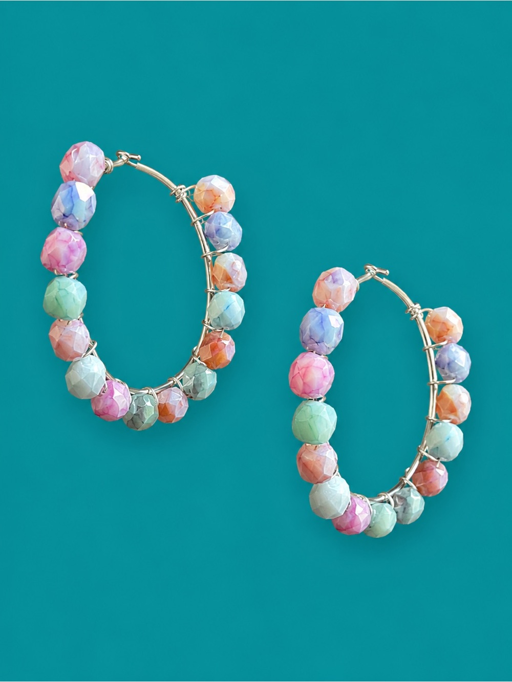 Hand sewn Colorful Beaded Hoop Earrings - Pastel Multicolor
